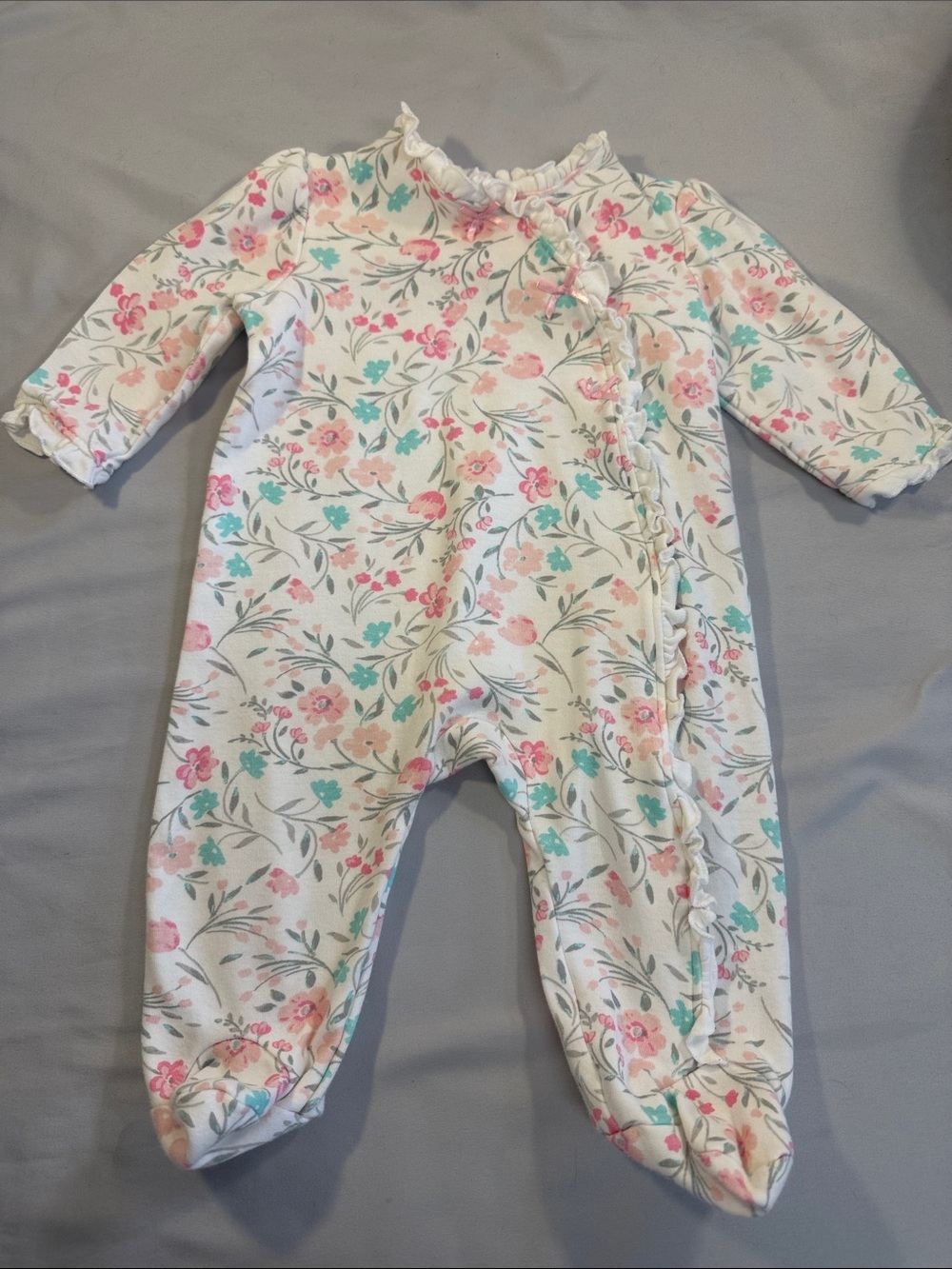Little Me Footie/Sleeper/Romper with Pink & Teal Floral Ruffle Trim
